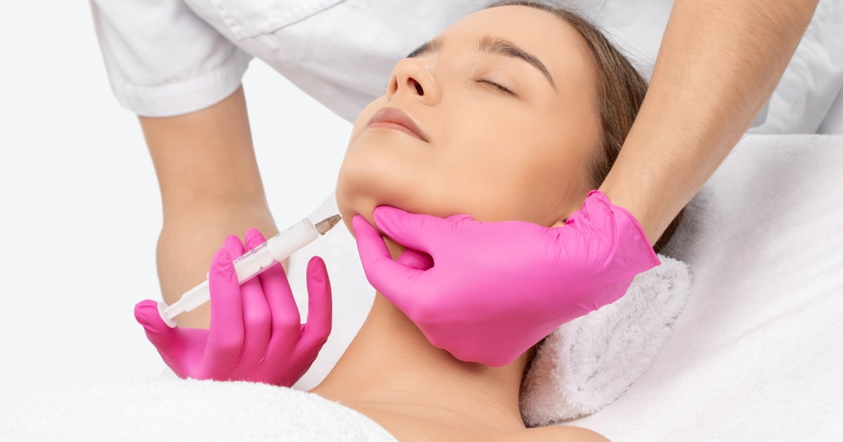 Woman receiving a Kybella injection under the chin from a professional wearing bright pink gloves in Maple Grove, MN.